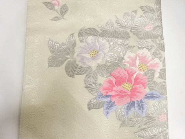  錦プラチナ箔　花模様織り出し　名古屋帯